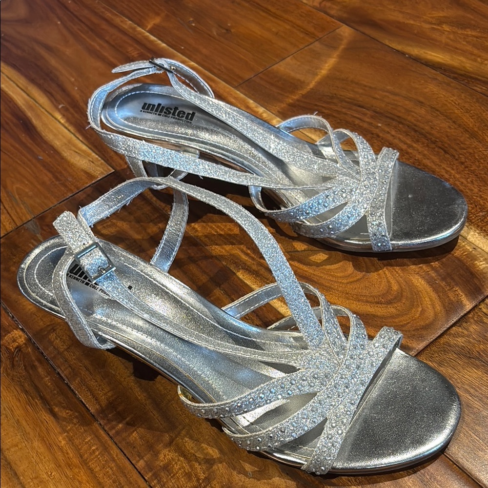 Unlisted Silver Strappy Heels with Rhinestone Embellishments